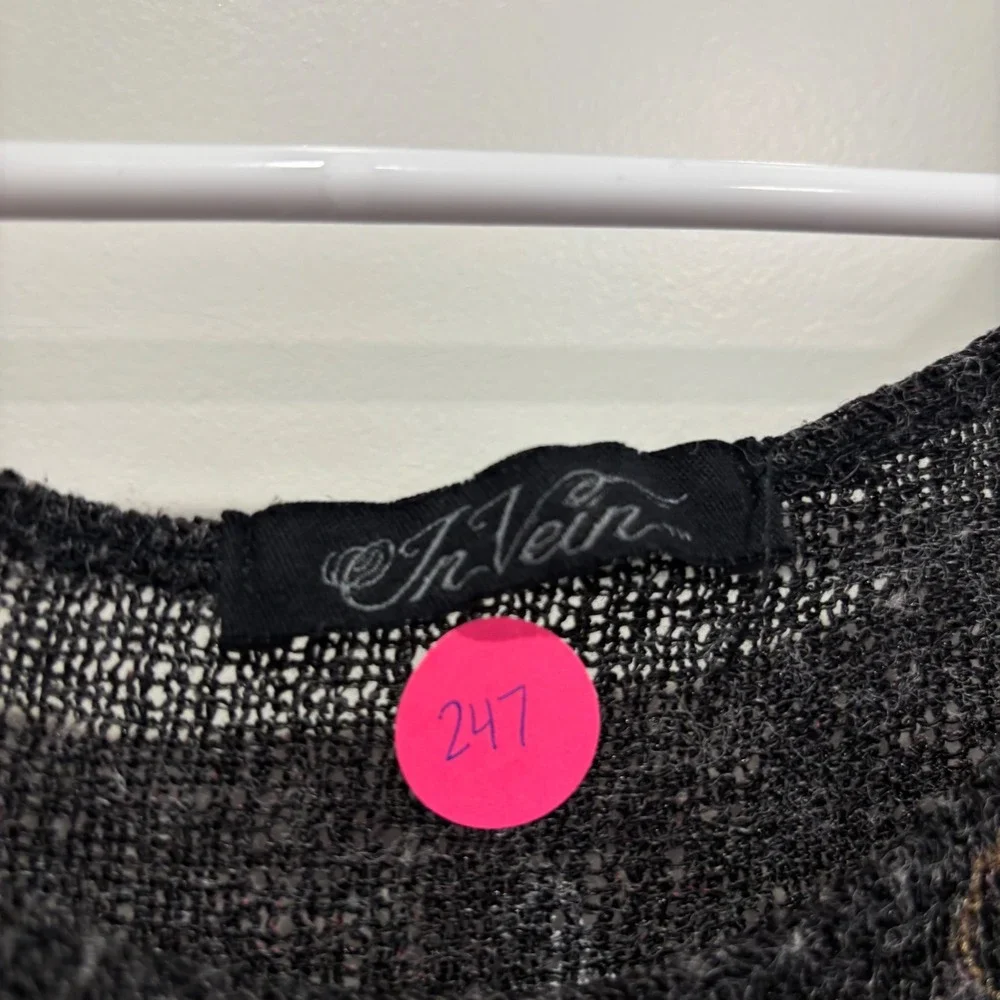 In Vein Gothic Fleur De Lis Rhinestone Knit Tunic Top Charcoal Grey Y2K McBling - Picture 2 of 6